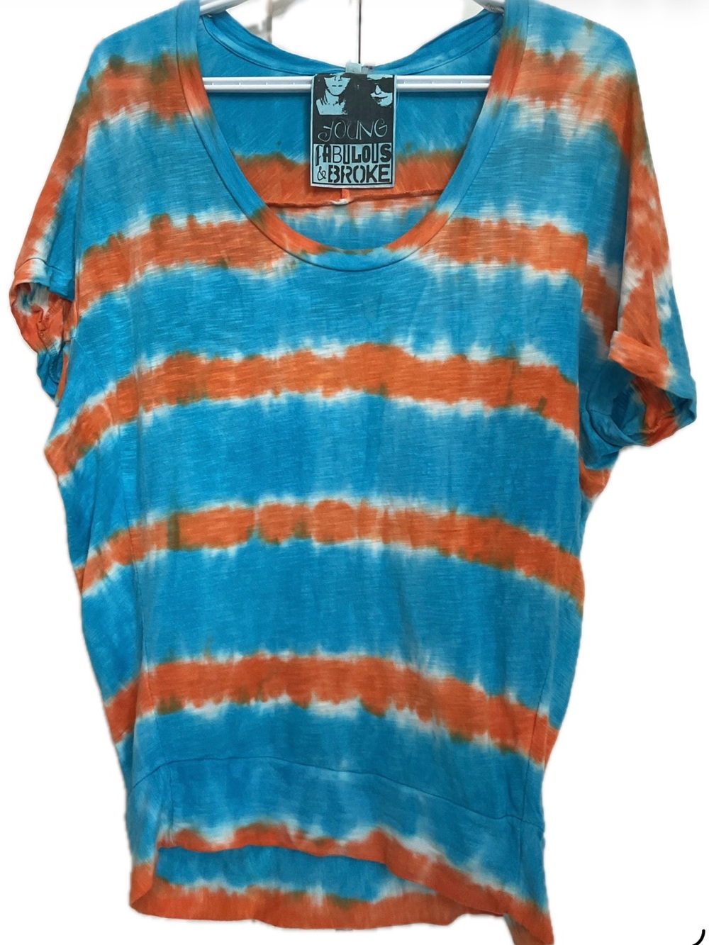 Young Fabulous & Broke Turquoise and Orange Tie-Dye Scoop Neck Tee( small flaw)